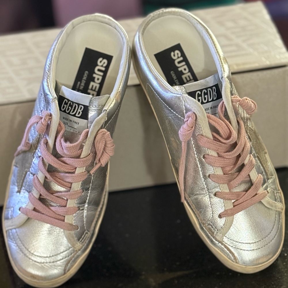 Golden Goose Metallic Silver Sneakers with Pink Laces